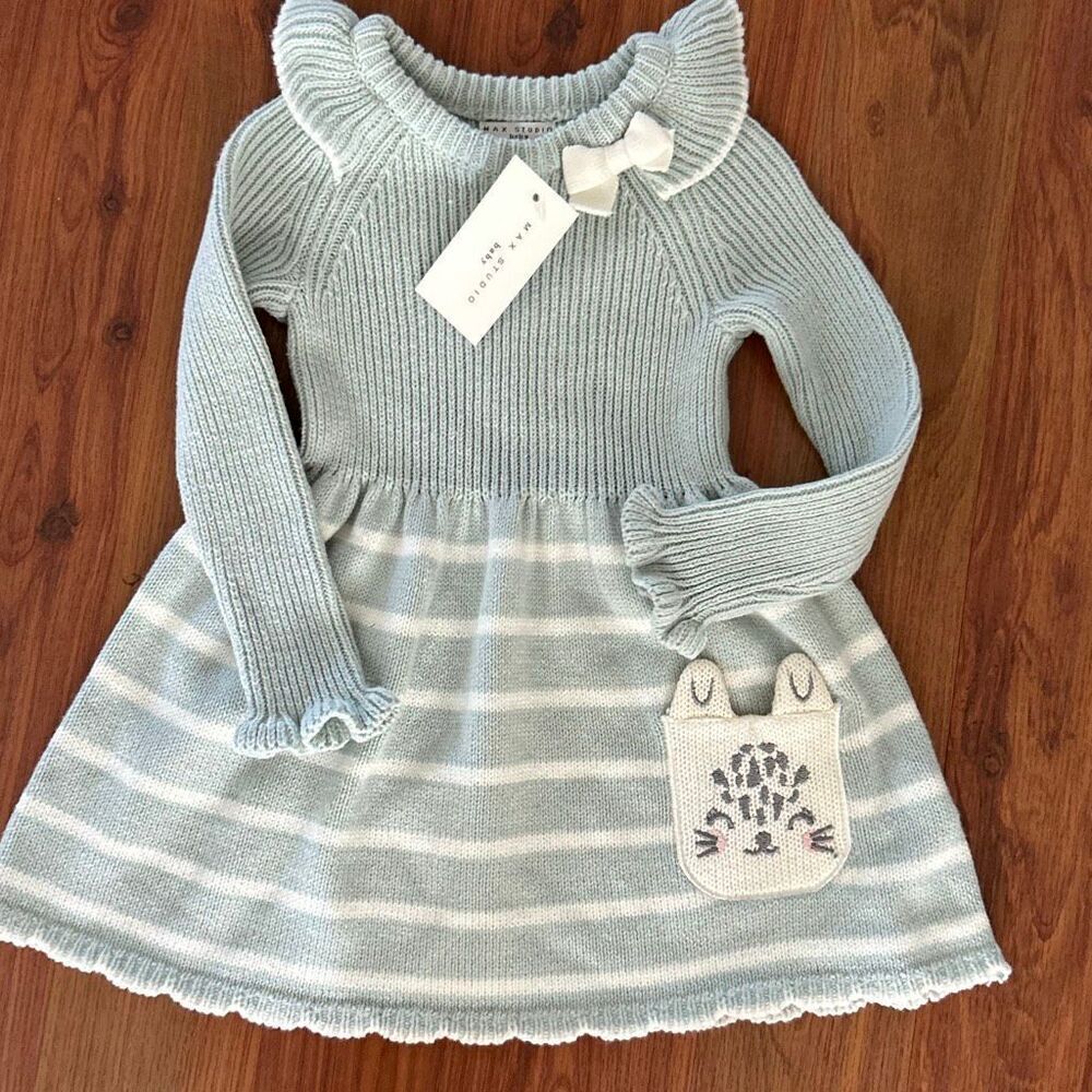 NWT Max Studio blue baby knit sweater dress with cat pocket size 18 months
